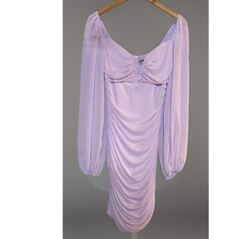 L'Vow Studio Women's Mini Dress Long Sheer Sleeve Stretchy Purple L New